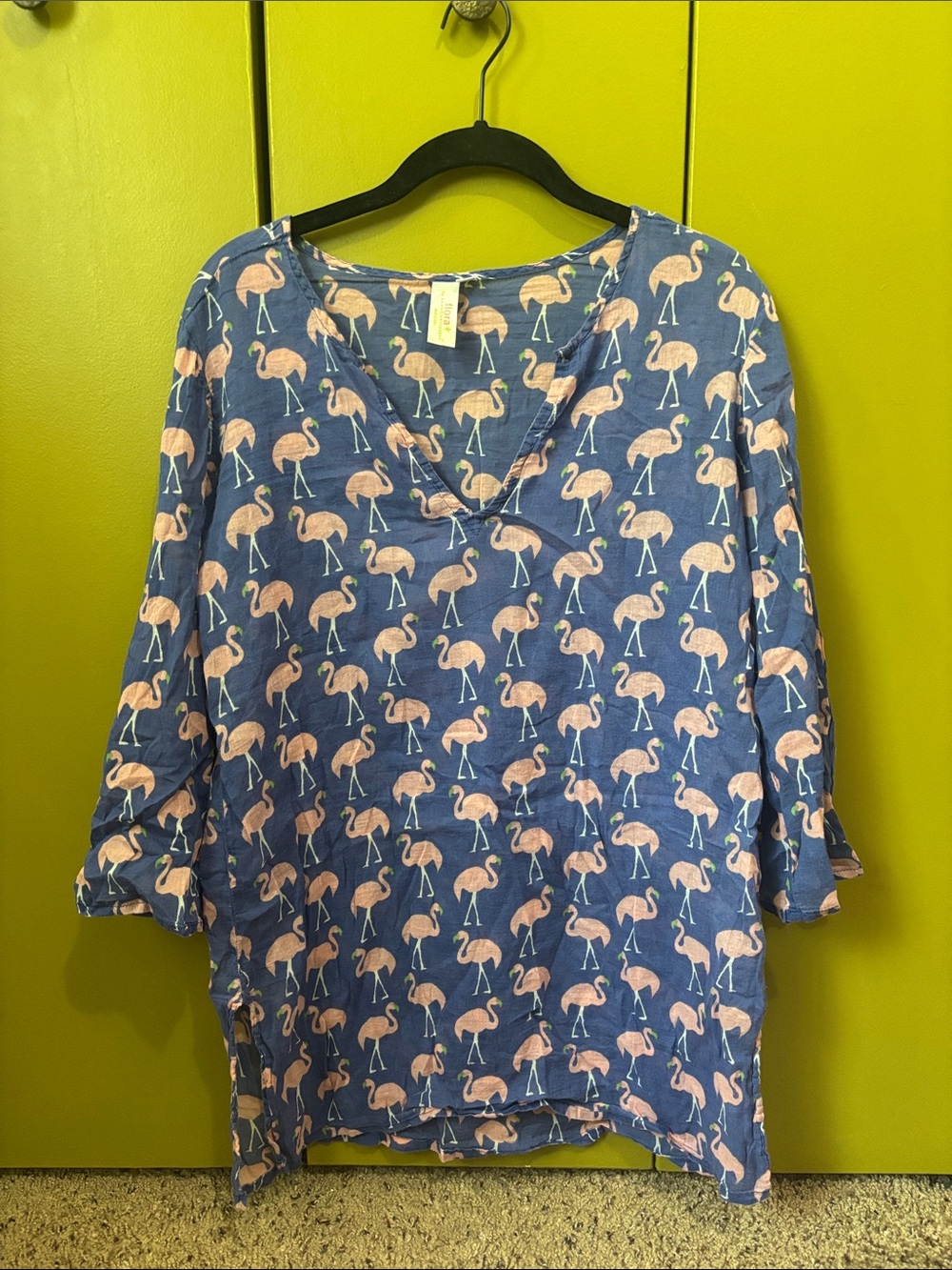 Blue Flamingo-Print V-Neck Swimsuit Coverup Tunic Top